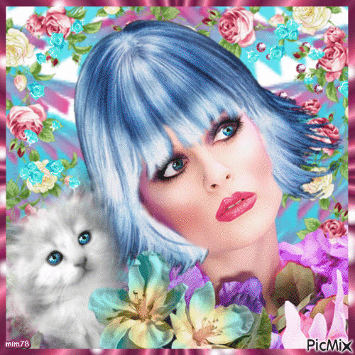 Portrait de femme en bleu et rose - Gratis animerad GIF