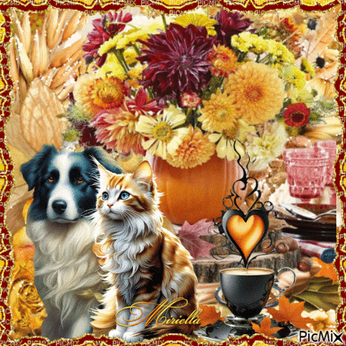 Contest!Bouquet d'automne, un café et deux animaux - Ilmainen animoitu GIF