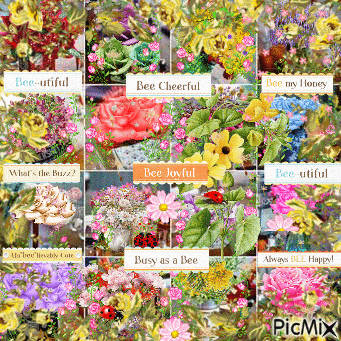 PRETTY COLLAGE OF POTS OF FLOWERS, BEE QUOTES, AND LOTS OF FLASHES. - Nemokamas animacinis gif