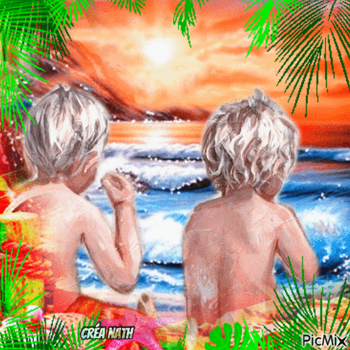 Les enfants regardant le coucher du soleil 🌞🌴 - Δωρεάν κινούμενο GIF