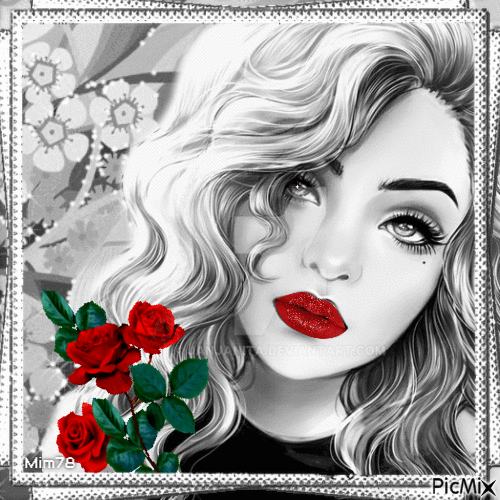 Femme en noir et blanc avec une touche de rouge - 無料のアニメーション GIF