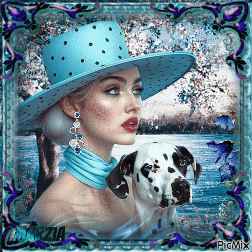 Una donna con cappello e il suo cane nei toni del blu - Gratis geanimeerde GIF