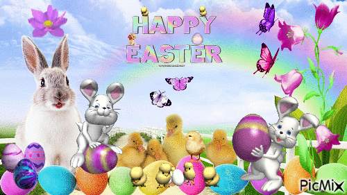 Happy Easter! 🐰🐇🐔🐓🐣🐤🐥🌺🌼🥚 - Безплатен анимиран GIF