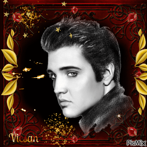 Retrato romántico de Elvis en rojo, dorado y negro - Besplatni animirani GIF