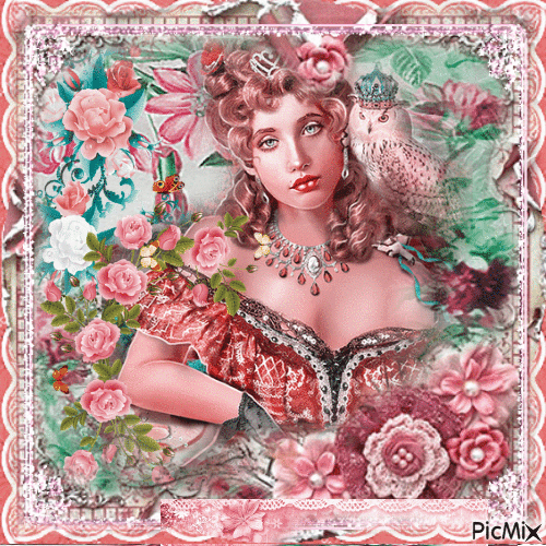 Portrait of a vintage woman with flowers(pink) - Zdarma animovaný GIF