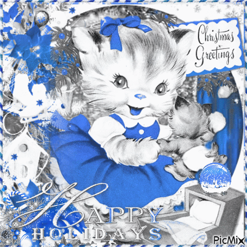 Christmas cat in blue - Zdarma animovaný GIF