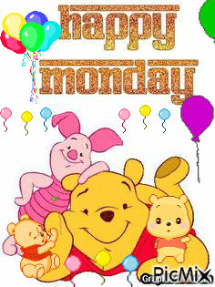 POOH, 2 BABY POOHS, AND PIGLET. HAPPY MONDAY, BOLLONS FLOATING, BALLONS, BOUNCING AND CHANGING COLORS. - 免费动画 GIF
