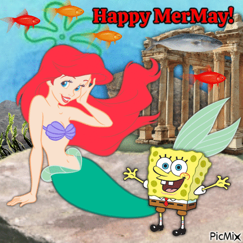 Spongebob and Ariel with fish - Free animated GIF