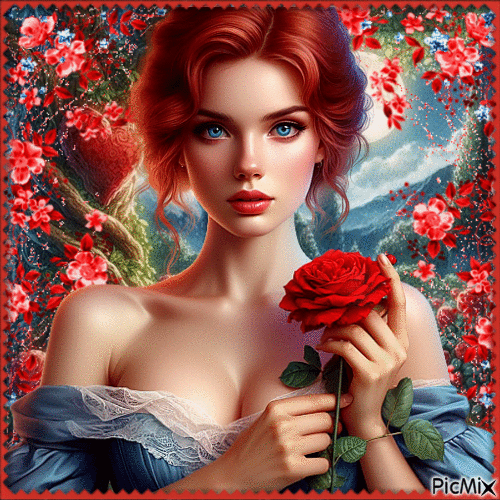 Red-haired lady in blue - GIF animé gratuit
