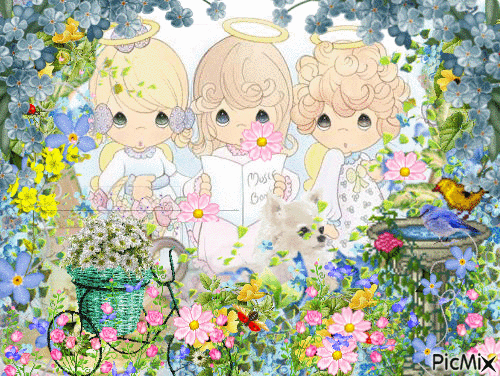 THREE LITTLE PRECIOUS MOMENTS GIRLS SINGING WITH PRETTY FLOWERS GROWING ALL AROUND ANDA LITTLE BICYCLE FUL OF FLOWERS, AND A BIRD BATH WITH 2 BIRDS, AND BLUE BUTTERFLIES. - Ingyenes animált GIF