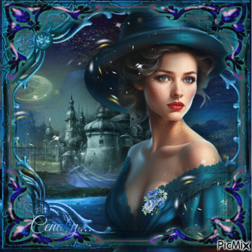 Femme en bleu marine, dans la ville, au clair de lune - Бесплатный анимированный гифка