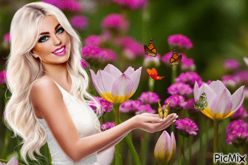 femme et papillons - GIF animé gratuit