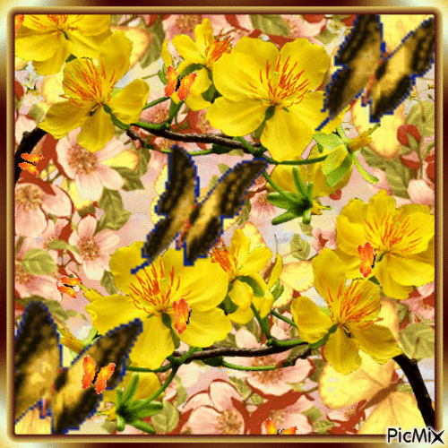 YELLOW AND ORANGE FLOWERS, SWAYING IN THE WIND, AND 3 BIG BUTTERFLIES. - GIF animé gratuit
