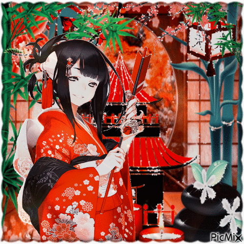 Anime-Mädchen in einem Kimono - Бесплатни анимирани ГИФ