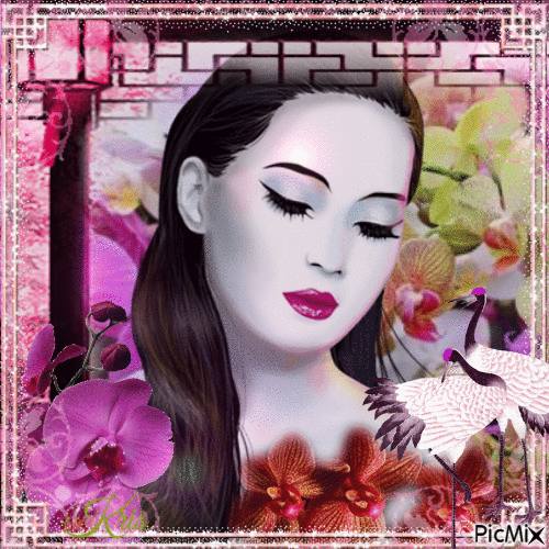 Geisha et orchidées - GIF animé gratuit