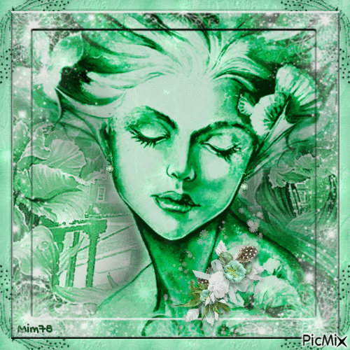 portrait de femme tons verts - Бесплатный анимированный гифка