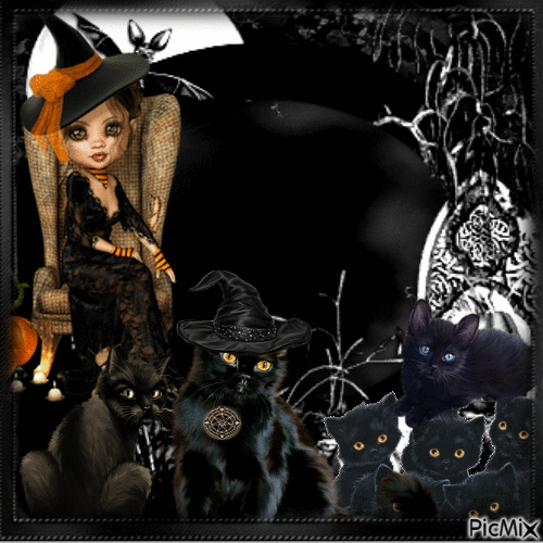 Halloween with her cats - Бесплатни анимирани ГИФ