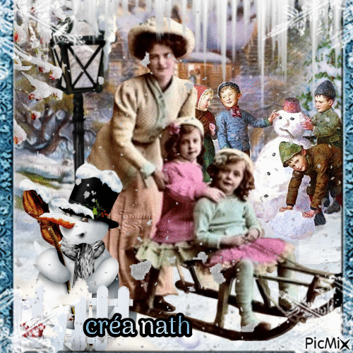 Maman et ses enfants dans la neige-Vintage - GIF animé gratuit