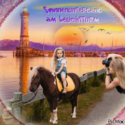 Kleines Mädchen mit ihren Pony am Leuchtturm - Kostenlose animierte GIFs