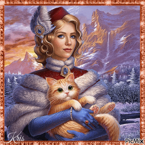 femme avec chat en hiver-Fantasy - Ingyenes animált GIF