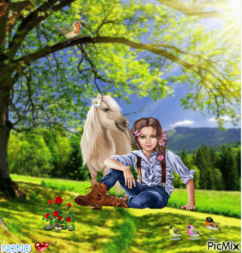 une fille avec un cheval dans la foret - GIF เคลื่อนไหวฟรี