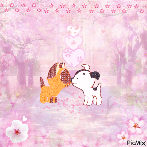 Gav and Sharik with cherry blossoms - Zdarma animovaný GIF