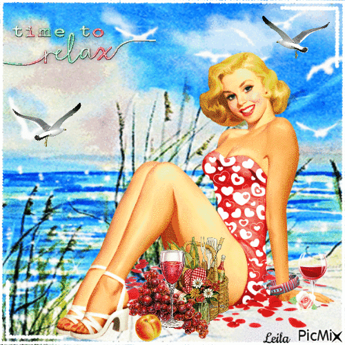 Time to relax. Woman on picnic, beach - Darmowy animowany GIF