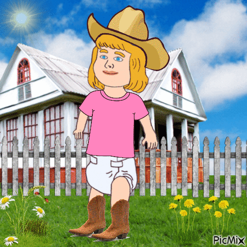 Country baby by house, flowers and fence - GIF animé gratuit