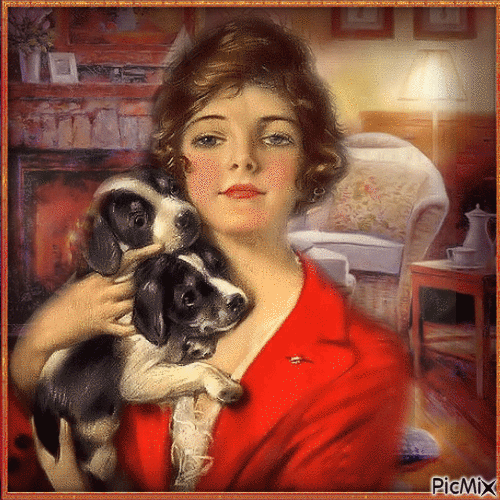 Vintage Frau und ihr Hund - GIF animé gratuit