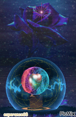 rose bleu et globe avec coeur - GIF animé gratuit