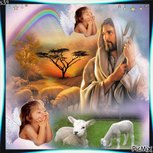 JESUS AND ANGELS AND 2 SHEEP GRAZING IN GREEN GRASS, MORE SHEEP IN BACKGROUND A BIG RAINBOW, 2 LITTLE ANGELS FLAPPPING THEIR WINGS AND A PRETTY SILVER, GREEN AND RED FRAME. - Gratis geanimeerde GIF
