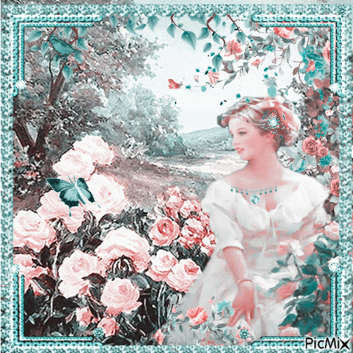 Girl surrounded by roses(teal color) - Ilmainen animoitu GIF