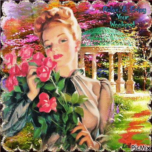 Relax and Enjoy Your Weekend. Woman with roses - GIF เคลื่อนไหวฟรี