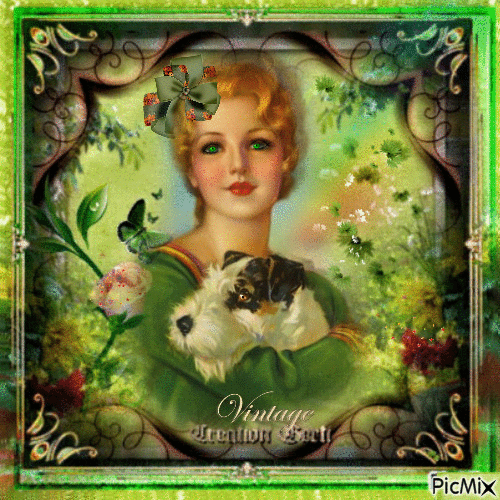 girl in green with a dog - Безплатен анимиран GIF