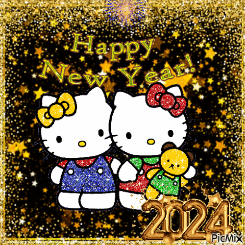 Hello Kitty and Mimmy wishes you a great 2024. - GIF animasi gratis