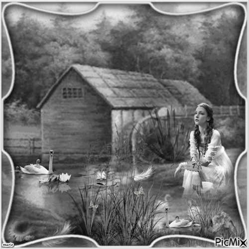 La femme au bord d'un étang - фрее пнг