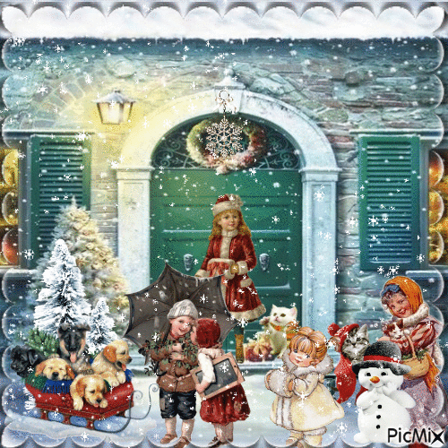 Winter with childrens and animals - Darmowy animowany GIF