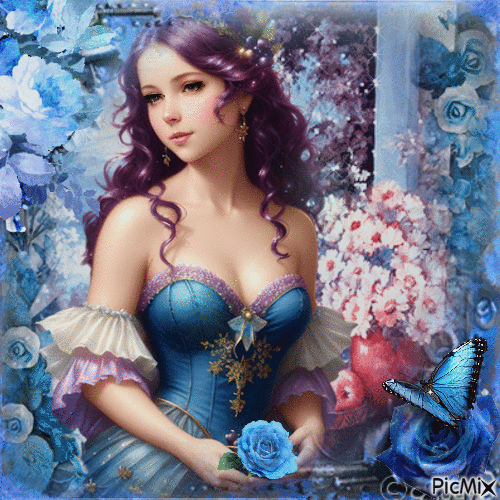 Mujer vestida de azul con una rosa azul. - Безплатен анимиран GIF