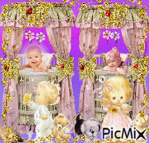 2 babies in their pink and gold sparkles, with a red heart, their brother and sister are playing with their pets, a cat, 2 dogs, a bear, and a buterfly. the little girl is playing a flutethere are flowers dancing over the babies heads, all framed in gold. - Free animated GIF