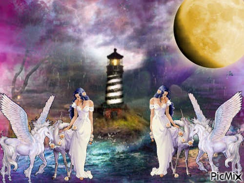 unicorn in the moonlight with lighthouse - безплатен png
