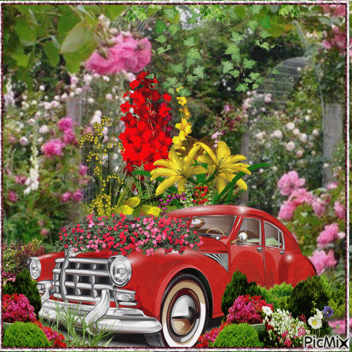 VINTAGE CARS AND FLOWERS - Darmowy animowany GIF
