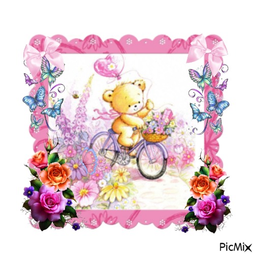 LiL Bear riding thru Flower Lane - gratis png