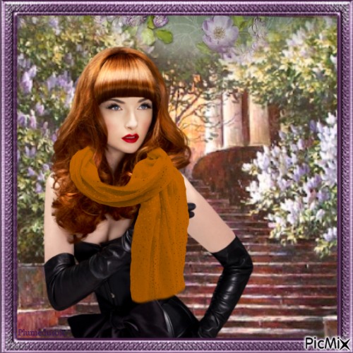 Femme avec des gants noirs et un foulard marron. - png gratuito