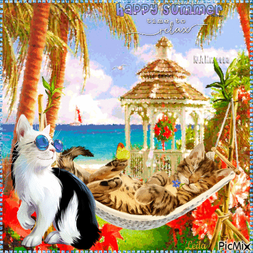 Summer cats. Happy Summer, time to relax - GIF animado grátis