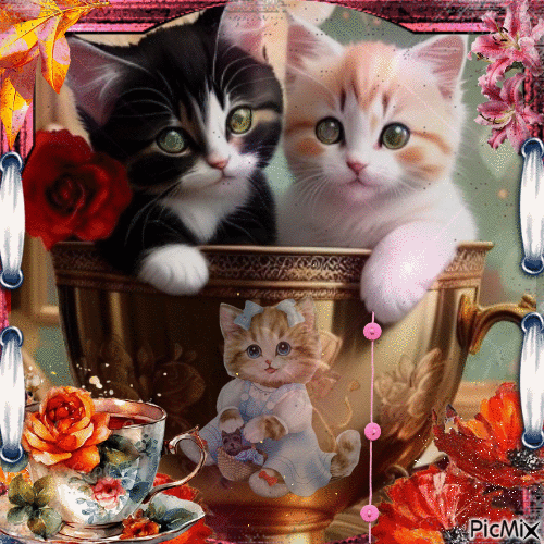 Dos lindos gatitos en una taza - Δωρεάν κινούμενο GIF