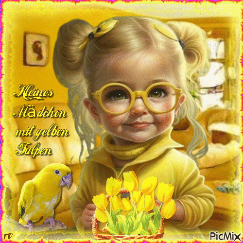 Kleines Mädchen mit gelben Tulpen - Ilmainen animoitu GIF