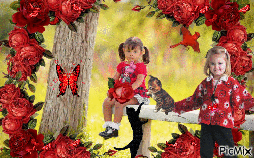 TWO LITTLE GIRLS., TWO CATS, RED ROSES, RED BIRDS, RED BUTTERFLIES. - Безплатен анимиран GIF