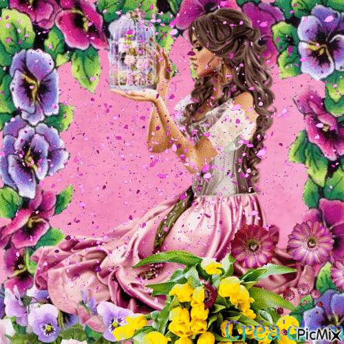 Femme de profil et pluie de fleurs - Besplatni animirani GIF