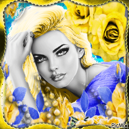 Portrait de femme en blue et jaune - 無料のアニメーション GIF
