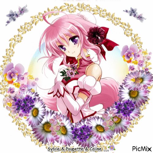 la fille avec les fleurs - 無料のアニメーション GIF